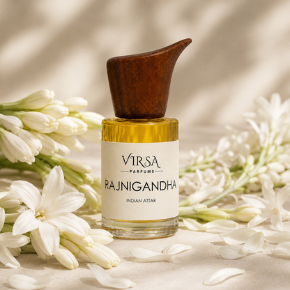 A bottle of VIRSA PARFUMES RAJNIGANDHA Indian Attar perfume with a dark brown wooden dropper cap, set on a beige surface surrounded by white flowers.